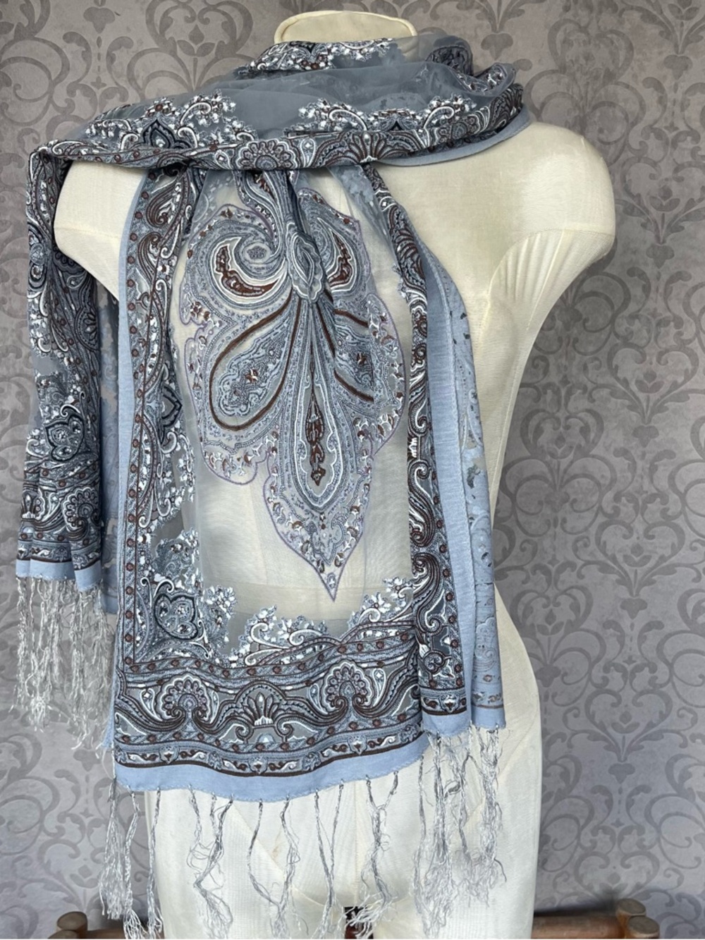 Boho Chic Beaded Mesh Scarf in Dusty Blue Paisley Pattern Sheer Shawl